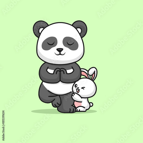 Giant Panda Practicing Yoga Interrupted by Cute Little Bunny – Vector Illustration