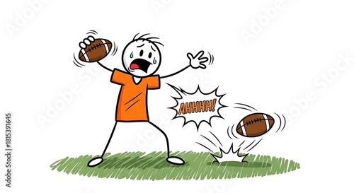 Cartoon stick figure football fumble with comical expression.