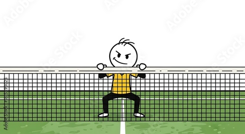 Stick figure leaning over tennis net with angry expression.