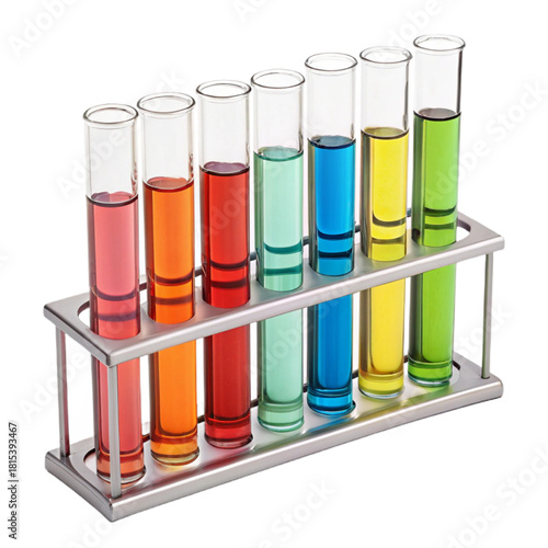 Vibrant colorful liquids fill laboratory test tubes in a metal rack, perfect for science education and research visuals.