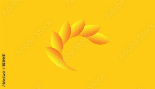 Golden curved leaf logo with smooth gradient petals on a bright yellow background in a clean modern abstract style