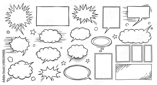 A collection of hand-drawn comic book speech bubbles and text boxes on a white background.