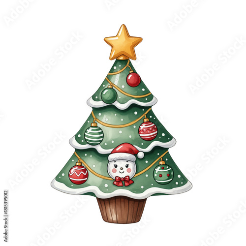 Wallpaper Mural Cute Christmas Tree Cupcake with Smiling Snowman Face, Festive Ornaments, and Golden Star Topper, Watercolor Holiday Dessert Illustration Torontodigital.ca