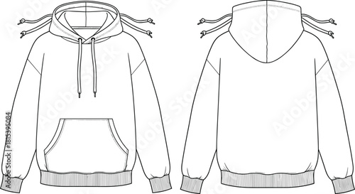 Hooded sweatshirt technical sketch, front and back view, kangaroo pocket, drawstring hood, ribbed cuffs, fashion design, garment illustration