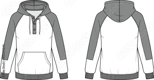 hooded sweatshirt, two-tone hoodie, kangaroo pocket, fashion sketch, technical illustration, flat vector, garment design, 