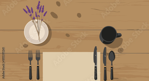 Here's a stock photo description for the image you provided:

**Title:** Rustic Farmhouse Table Setting with Lavender