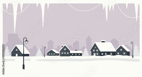 Vector Illustration of a Snowy Suburban Neighborhood in Winter