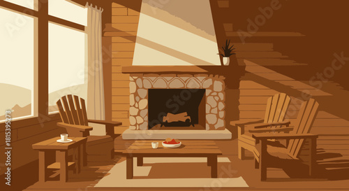 Cozy Cabin Interior with Fireplace and Adirondack Chairs