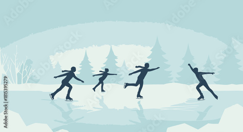 Four Silhouetted Figures Ice Skating on a Frozen Pond in Winter Landscape