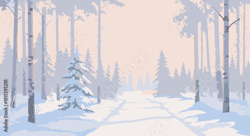 Here's a stock photo entry for the image you provided:

Winter Wonderland: Snowy Forest Path at Dawn