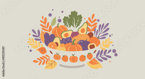 A bowl of autumn harvest fruits and vegetables with seasonal colors