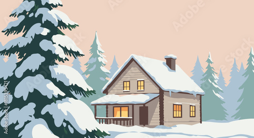 Cozy Winter Cabin Retreat in a Snowy Forest Illustration