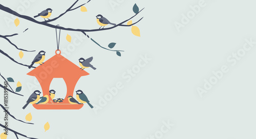 Vector Winter Scene with Birds at Feeder