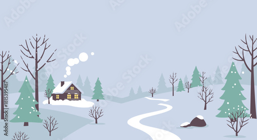Cozy Winter Cabin in Snowy Landscape - Flat Illustration