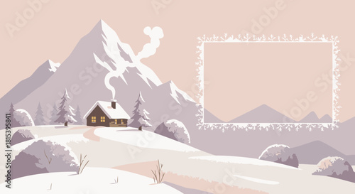 Cozy Winter Cabin in Snowy Mountains with Snowflake Frame