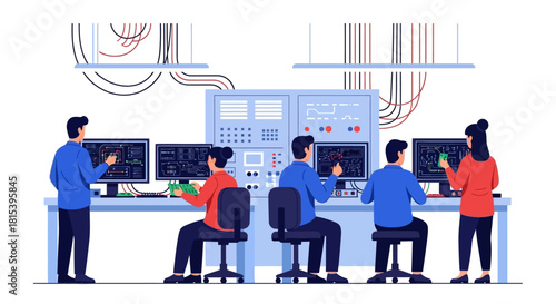 Illustration of a diverse team working together at a control panel with multiple computer screens in a modern industrial setting.