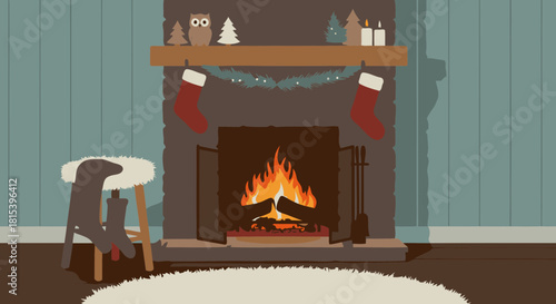 Cozy Christmas Fireplace Scene with Holiday Decorations
