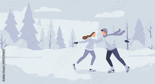 Couple Ice Skating in Winter Landscape