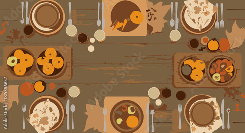 Top View of Thanksgiving Dinner Table Setting with Copy Space