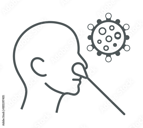 COVID-19 nasal swab test vector, line art style, virus symbol, medical diagnostic concept — stock vector