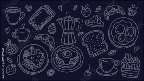 Playful hand-drawn breakfast food doodles in light lines on a dark background, featuring toast, eggs, coffee, fruit, and pastries.
Dark background breakfast doodles with coffee, toast, and fruit
