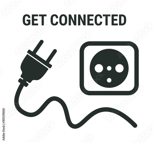 Electric plug and socket vector, black line art with get connected text — stock vector