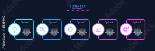 Infographic vector label design with icons and five options or steps. Suitable for business themes and can be applied in presentations, flowcharts, web pages, banners, and print projects