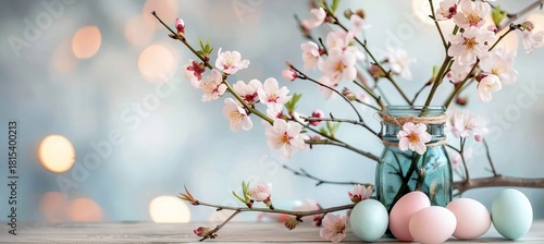 Cheerful easter holiday display featuring pastel eggs, flowers, and a wooden table in soft daylight