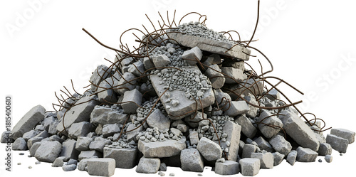 Heap of broken concrete chunks and rusty rebar from demolition construction waste pile rubble debris material building aggregate