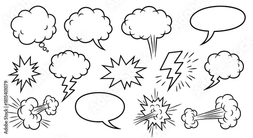 Collection of various comic book style speech bubbles and explosion effects on a white background
