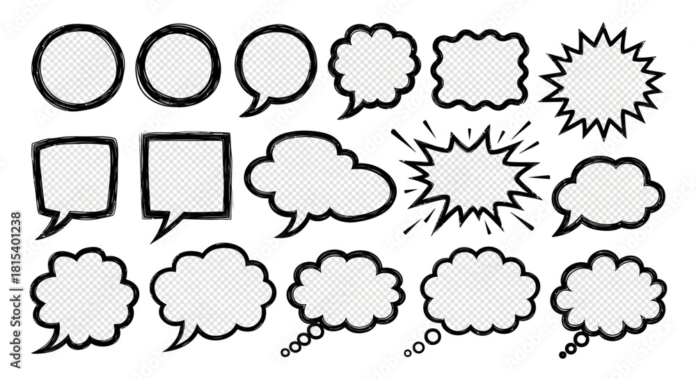 Fototapeta premium Collection of various comic book speech bubbles and thought clouds on a white background