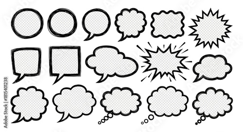 Collection of various comic book speech bubbles and thought clouds on a white background
