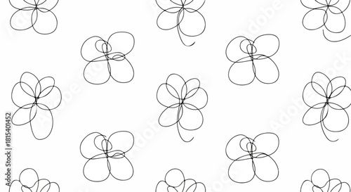 A minimalist digital illustration featuring a repeating pattern of simple line-drawn flowers in a vektor beron abstrak pottren style on a white background. Perfect for graphic resources,