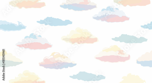 A digital illustration of pastel-colored clouds in various shapes and sizes on a white background. Perfect for wallpapers, backgrounds, and graphic resources.