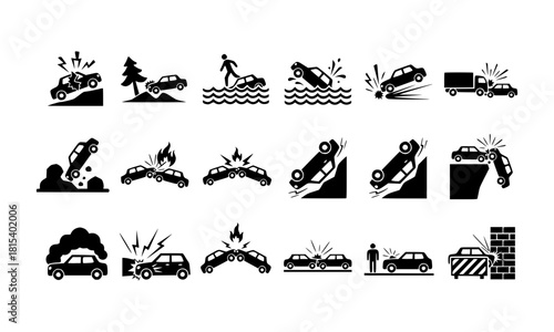 Set of vector silhouettes illustrating car crash and transport danger warning.