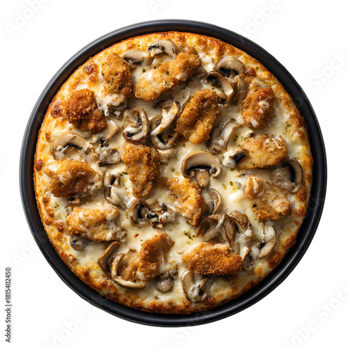 Gourmet chicken and mushroom pizza with creamy white sauce. Top view of whole pizza on a pan, isolated on black background.