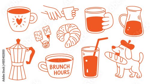 Playful orange vector doodles featuring coffee, mugs, croissant, juice, moka pot, and a French dog with a baguette—brunch theme.
Cute orange brunch doodles with coffee, croissant, and dog
