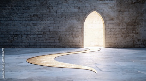 A golden path curves across a stone floor towards an illuminated arched doorway in a textured brick wall.