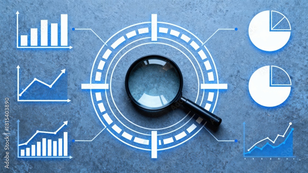 Obraz premium Data analysis concept with graphs and a magnifying glass on a textured blue background.