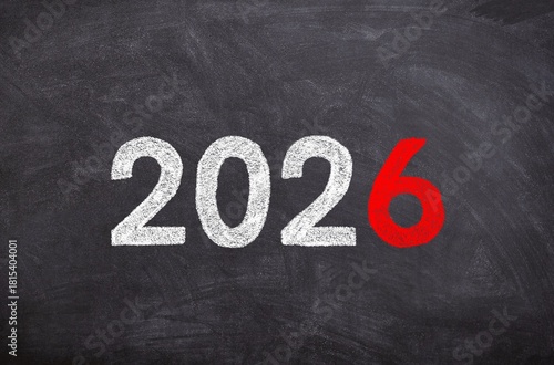 Hand-Drawn 2026 in Chalk on Blackboard – White Digits with Red Number 6, Symbol of New Year, Change, and Future