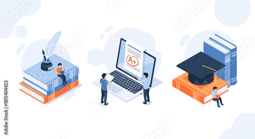 Isometric illustration showcasing education and learning concepts students achieving high grades, writing with quill, and wearing graduation cap isolated on