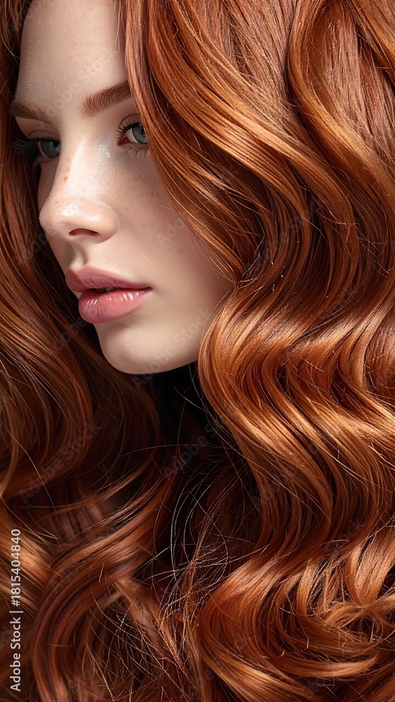 Obraz premium A close-up portrait of a woman with vibrant, long, auburn hair, cascading waves. She gazes to the side, soft skin, fair complexion
