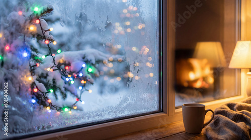 Defocused snowy window with multi-colored Christmas lights outside and cozy mug inside