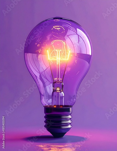 A close-up shot of a glowing lightbulb with a purple tint against a solid purple backdrop. The filaments are alight