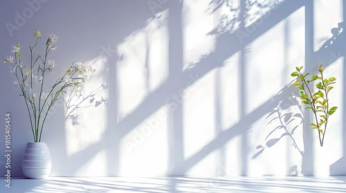 A white vase holding delicate white flowers sits on a surface, with a sprig of green leaves nearby, both casting distinct shadows on a white wall.
