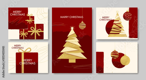 Elegant christmas card set featuring golden decorations on a red and beige background, perfect for festive greetings and holiday promotions