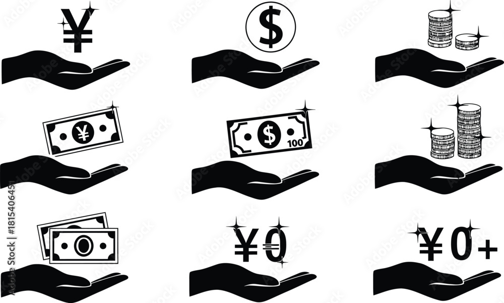 Obraz premium Hands Holding Money Icons Currency and Finance Concepts Wealth and Investment
