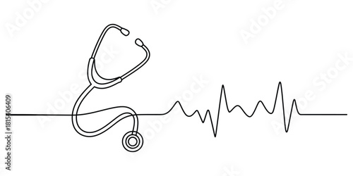 Stethoscope and heartbeat continuous line art medical concept