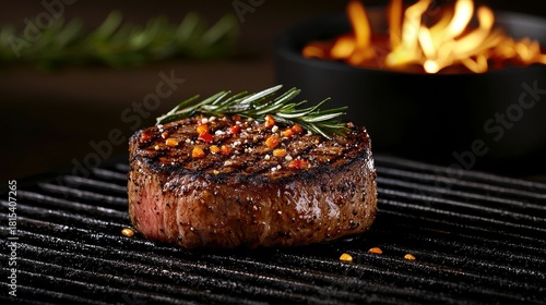 A thick, seasoned beef steak is cooking on a black grill, garnished with rosemary and red pepper flakes, with a fire burning in the background.