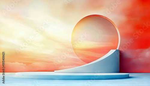 A clean, minimalist stage with a circular archway and a vibrant sky background, evoking a sense of openness and modern design.